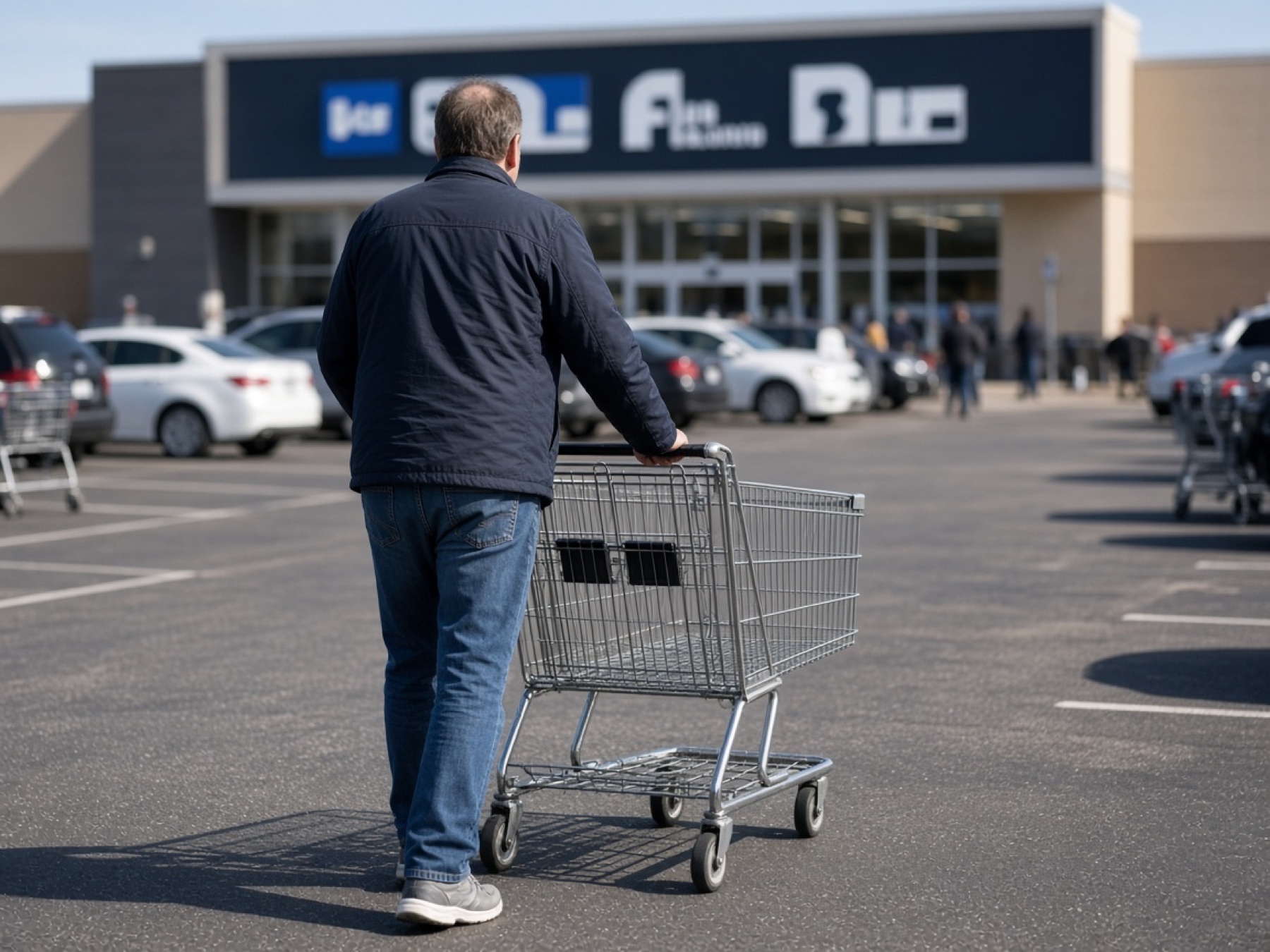 Man pushing a shopping cart across a store parking lot